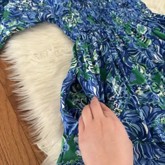 Lilly Pulitzer Beyonca Smocked Floral Mini Dress Women’s Small Blue Green Pocket - Picture 11 of 13